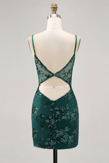 Dark Green Bodycon Backless Sheer Corset Short Prom Dress with Sequins